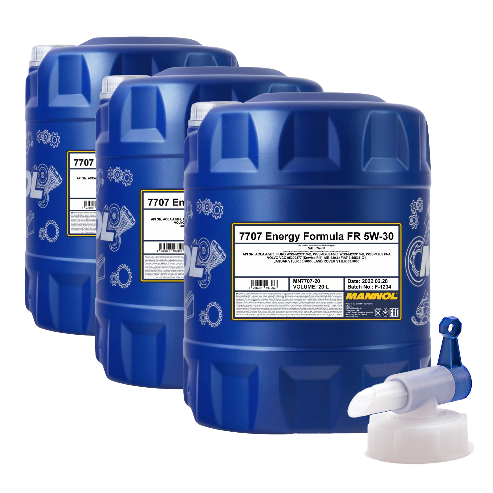60 Liter (3x20) MANNOL Energy Formula FR 7707 5W-30 API SN Motoröl + Ablasshahn