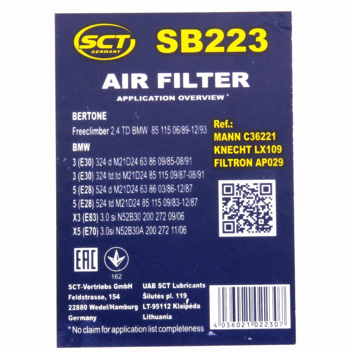 Luftfilter Fahrzeugfilter SB223 Motorluftfilter Luft Filter passend für BMW Ford SCT