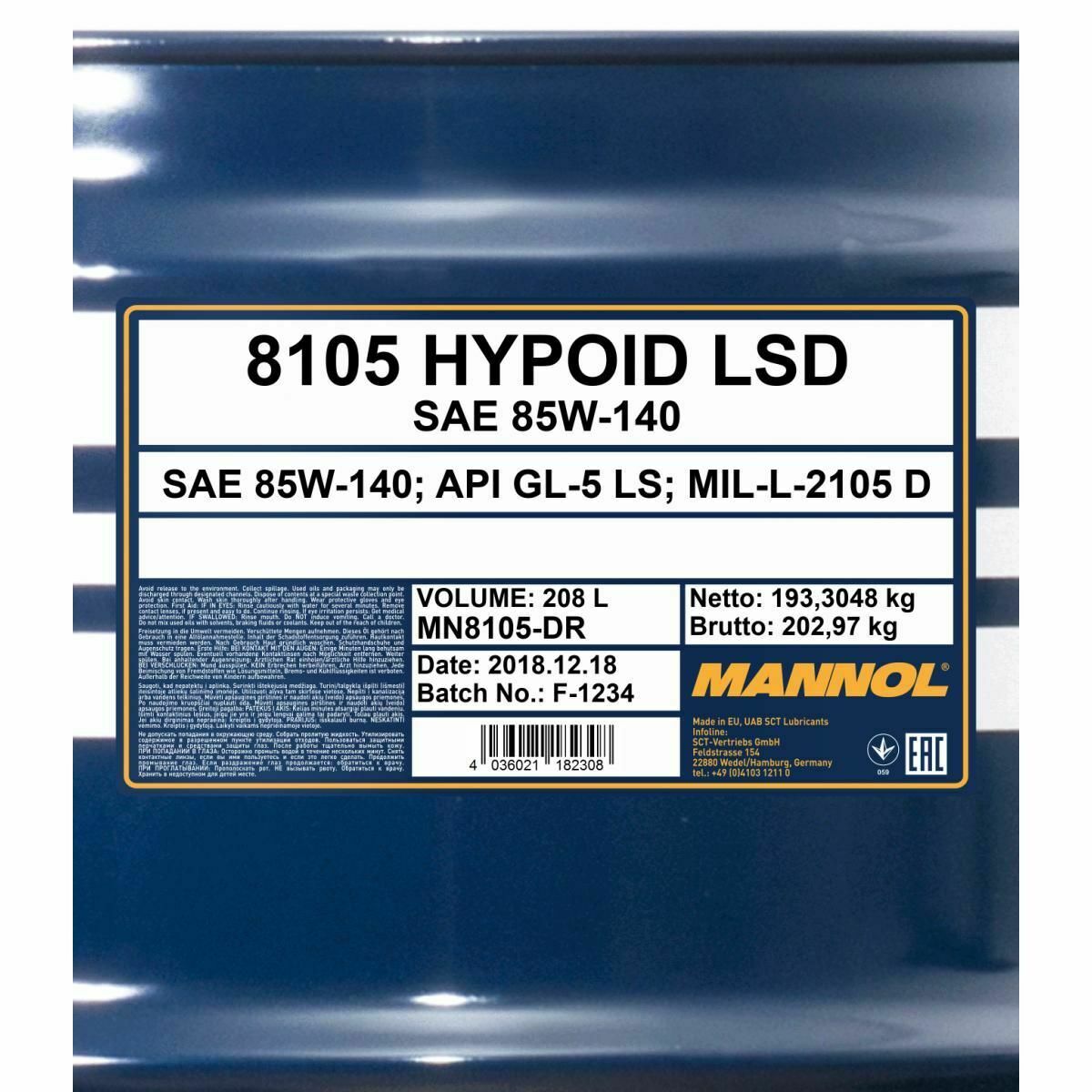 208 Liter MANNOL Hypoid LSD 85W-140 GL-5 API LS Getriebeöl MT1 AGMA 252.04