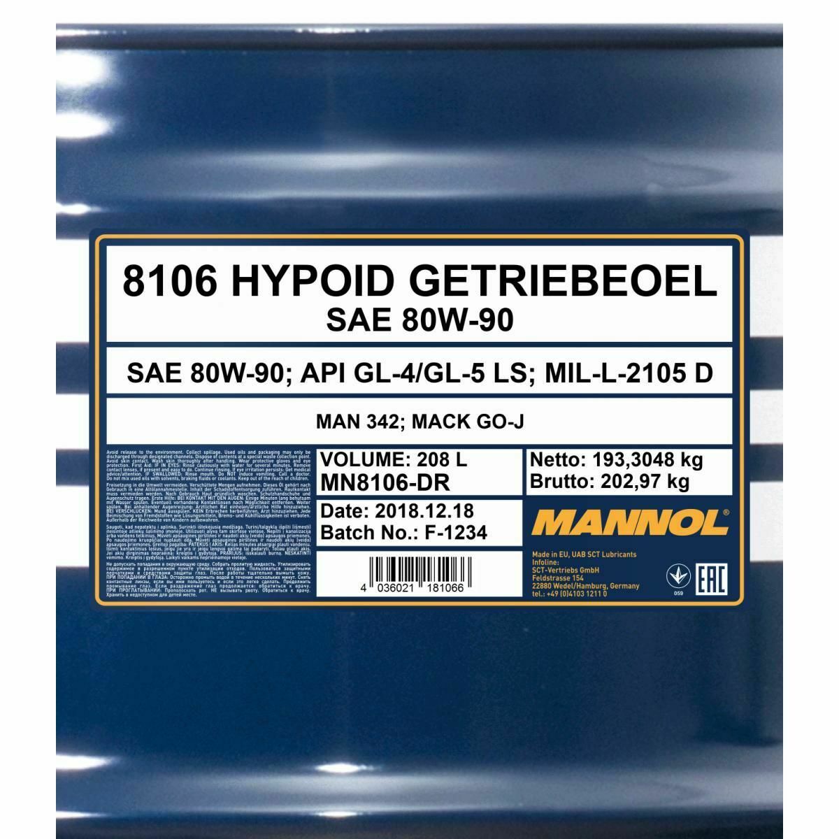 208 Liter MANNOL Hypoid Getriebeöl 80W-90 API GL 5 LS Getriebe Öl 80W90