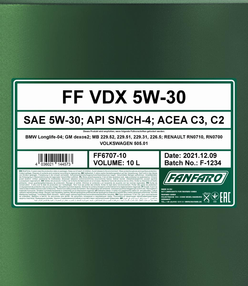 10 Liter Fanfaro VDX Motoröl 5W-30 Öl passend für VW 502.00 505.00 BMW LL-04 MB 229.51 Dexos 2