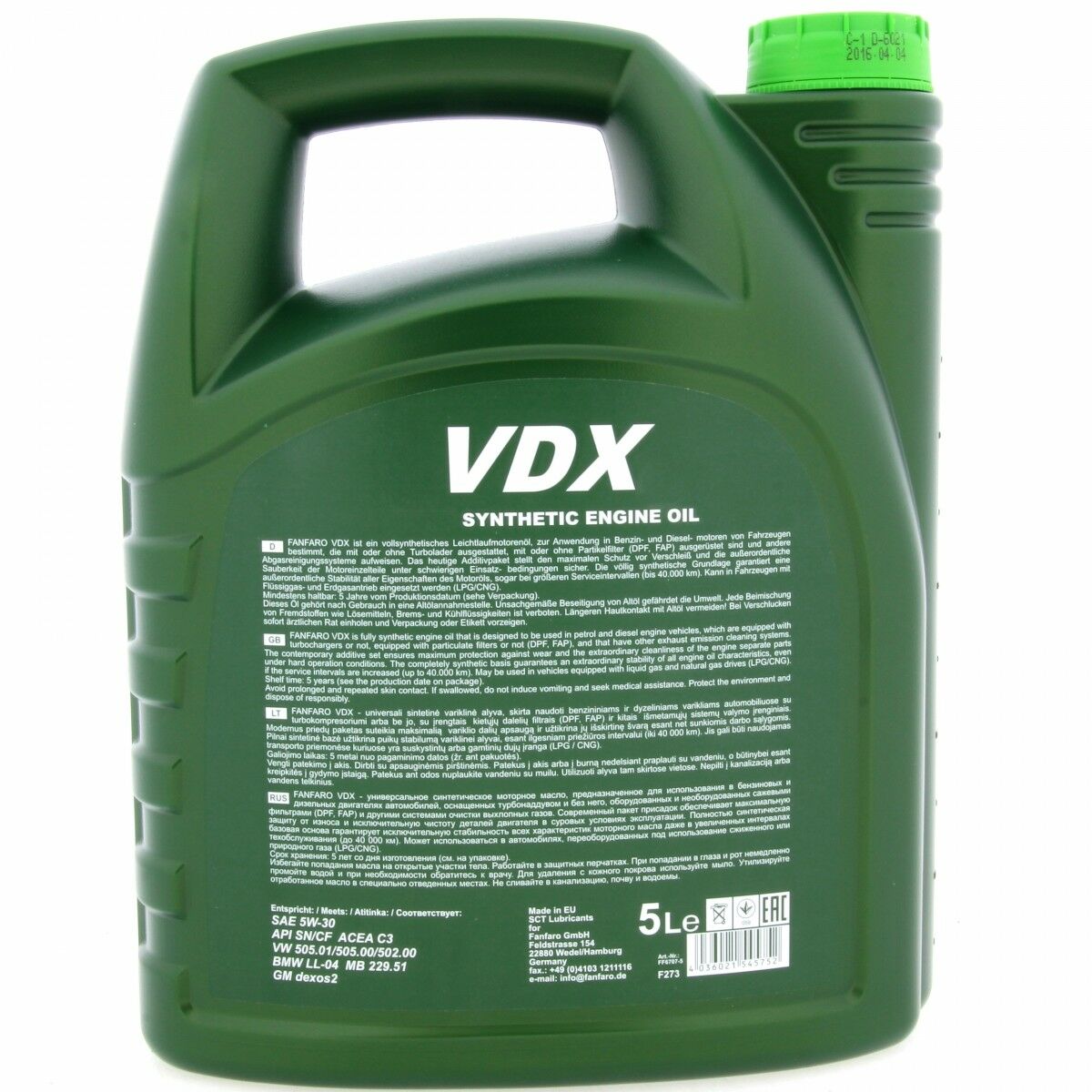 5 Liter FANFARO VDX 5W-30 Motoröl C3 passend für VW 502.00 BMW LL-04 MB 229.51 GM Dexos2