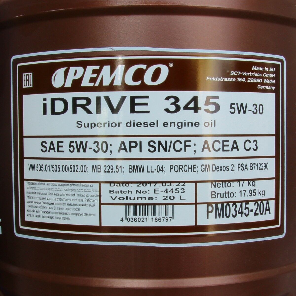 20 Liter PEMCO SAE 5W-30 API SN CH-4 iDrive 345 Motoröl +Ablasshahn 