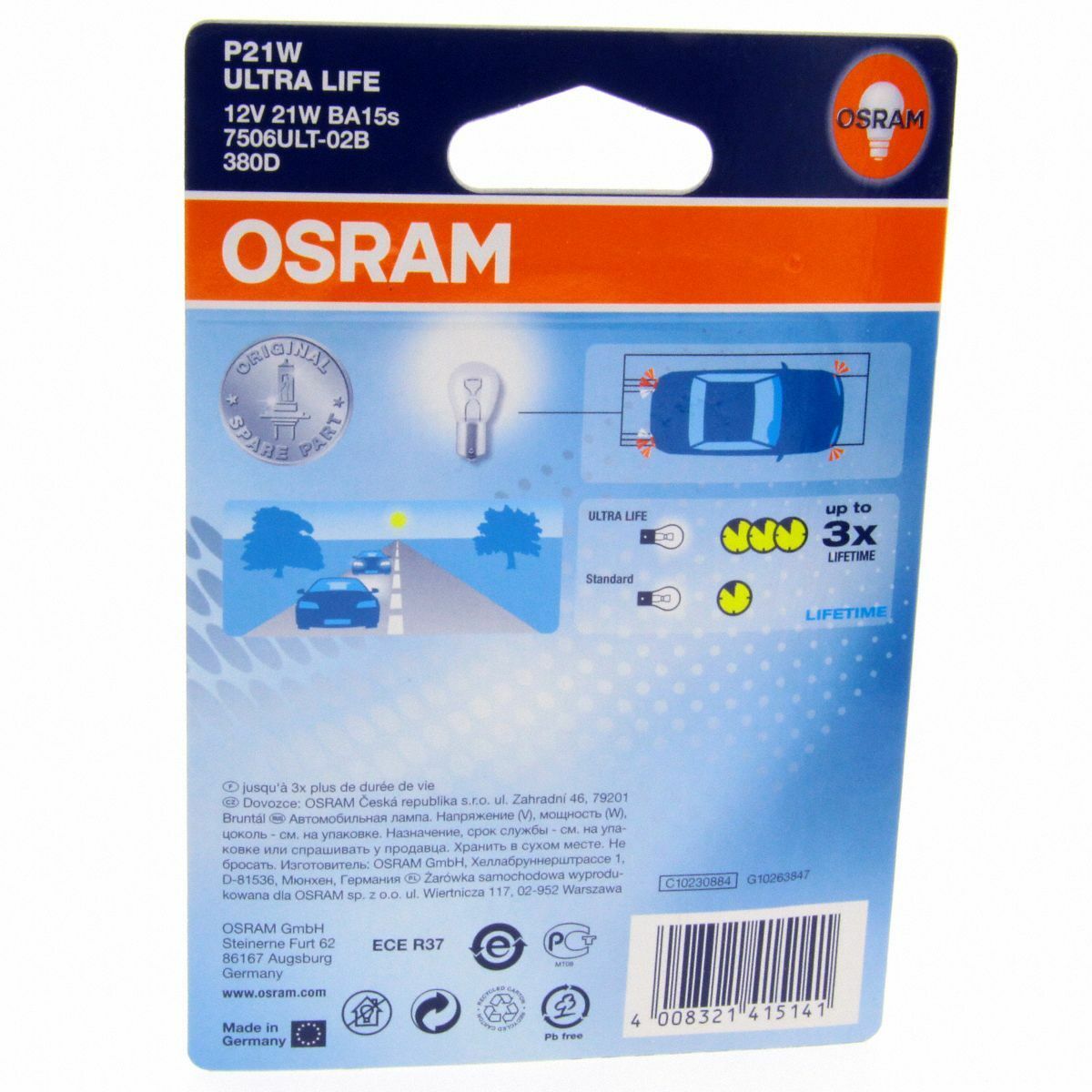 P21W OSRAM Ultra Life 3x Longlife Autolampen 7506ULT-02B DUO Set Blister 2 Stück