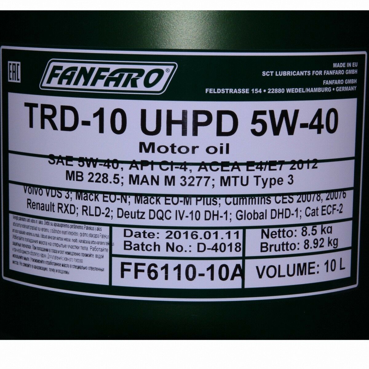 20 (2x10) Liter FANFARO TRD-10 UHPD 5W-40 E4 E7 CI-4 SL NKW Motoröl MB 228.5 MAN M 3277