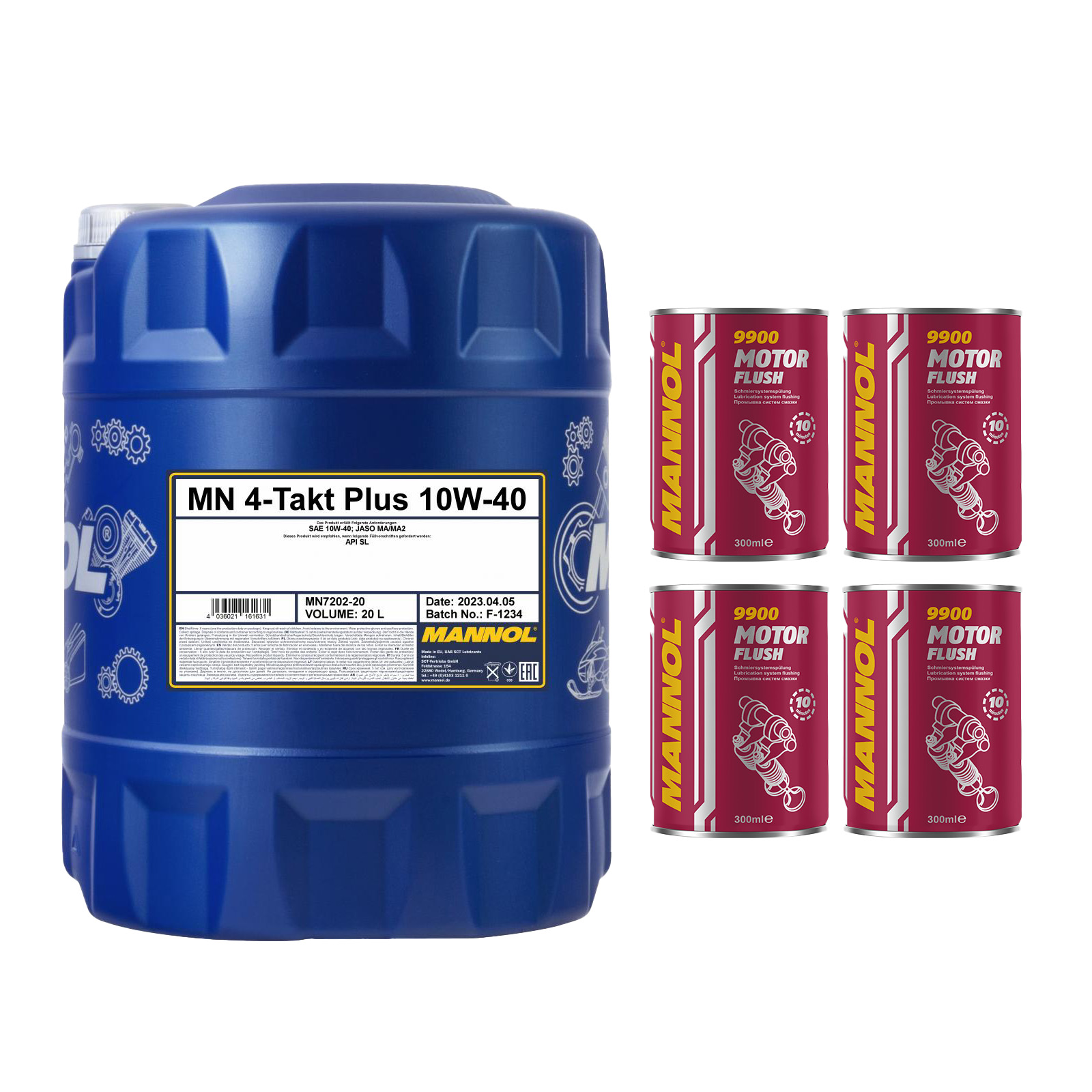 20 Liter MANNOL 4-Takt Plus 10W-40 7202 API SL Motorradöl + 4x Motor Flush 9900