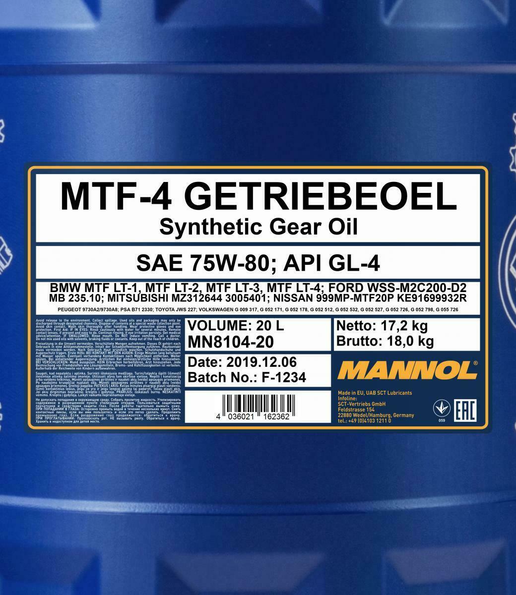 20 Liter MANNOL MTF-4 Getriebeöl API GL4 75W-80 BMW FORD MB