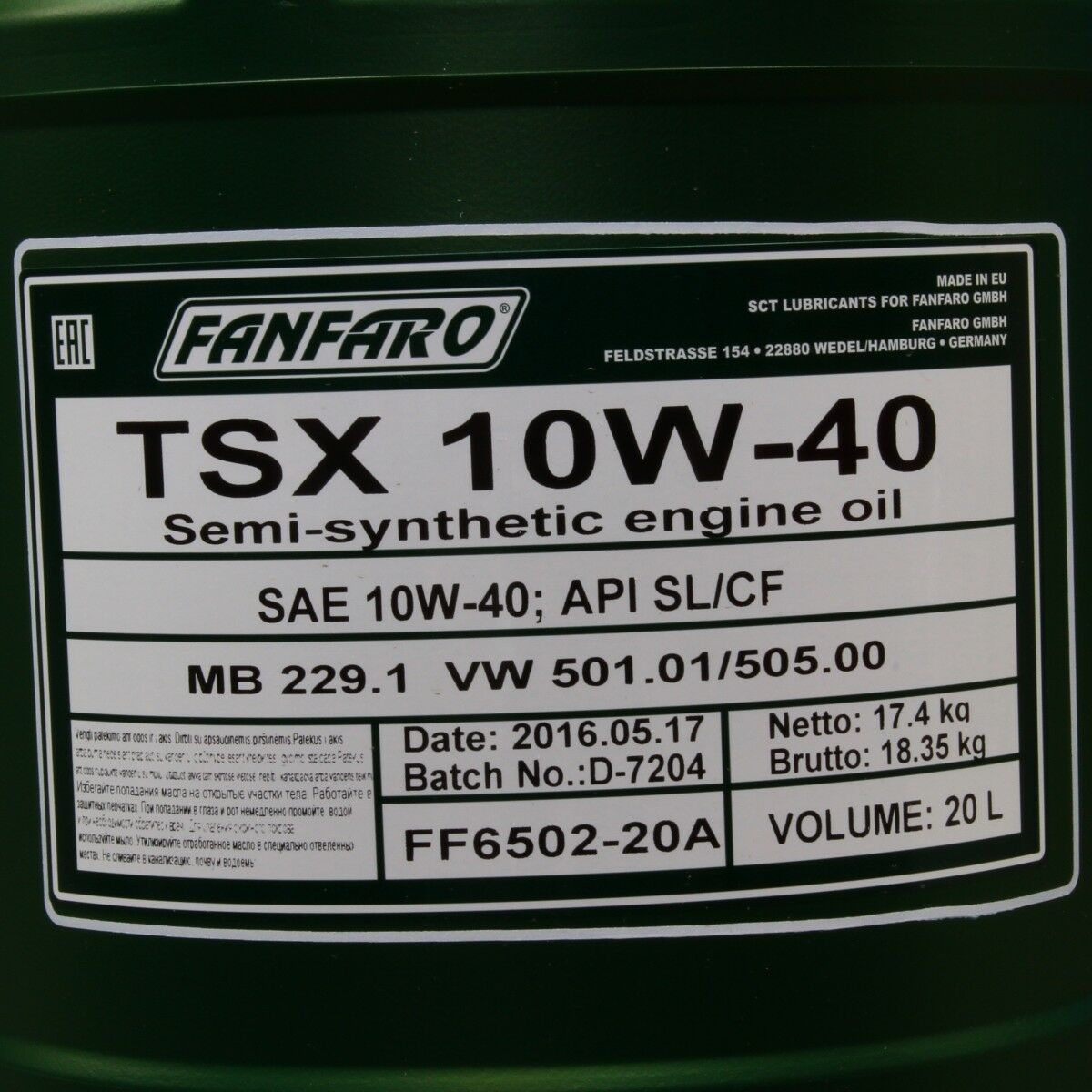 20 Liter FANFARO TSX 10W-40 SN Motoröl MB 229.1 VW 501.01 505.00 Economy-Class