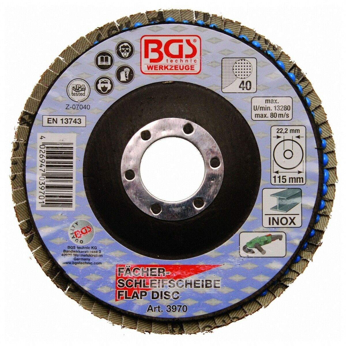 Fächer-Schleif-Scheibe, Ø 115 mm, Körnung 40 BGS technic Germany