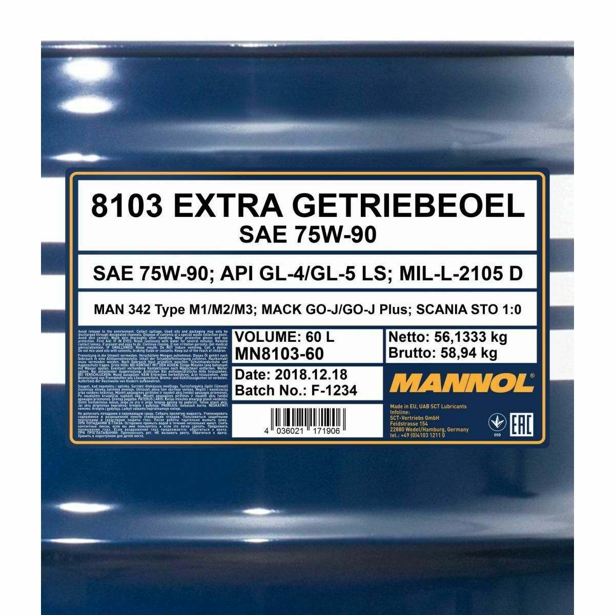 60 Liter MANNOL Extra Getriebeöl 75W-90 API GL-4/GL-5 LS MN8103 