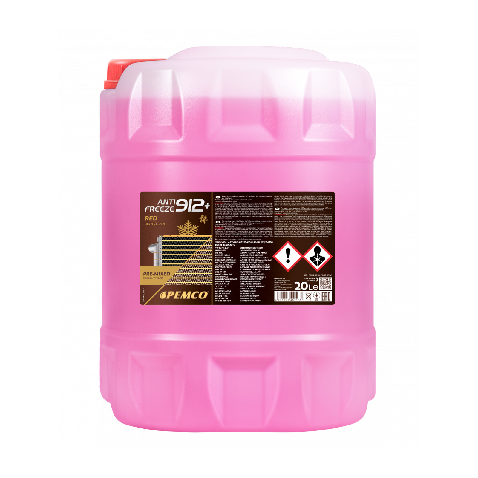 80 Liter (4x20) PEMCO Antifreeze 912+ Kühlerfrostschutz bis -40C rot PM0912