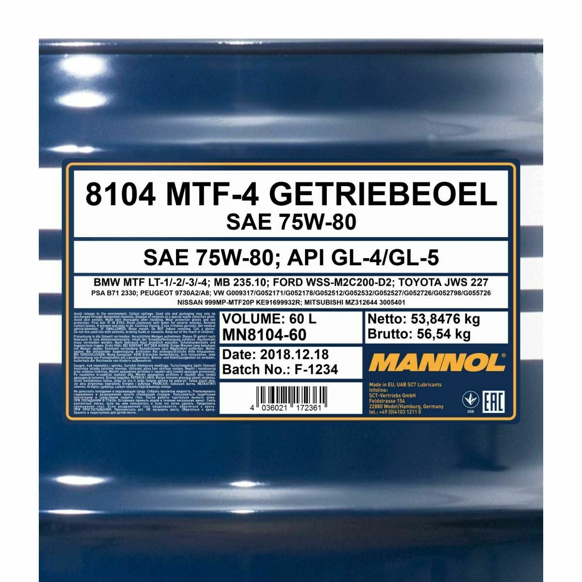 60 Liter MANNOL MTF-4 Getriebeöl API GL-4 75W-80 Getriebe Öl 75W80
