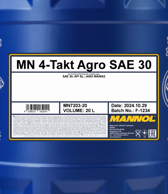 60 Liter (3x20) MANNOL 4-Takt Agro 7203 SAE 30 API SL Motoröl + 1x Ablasshahn