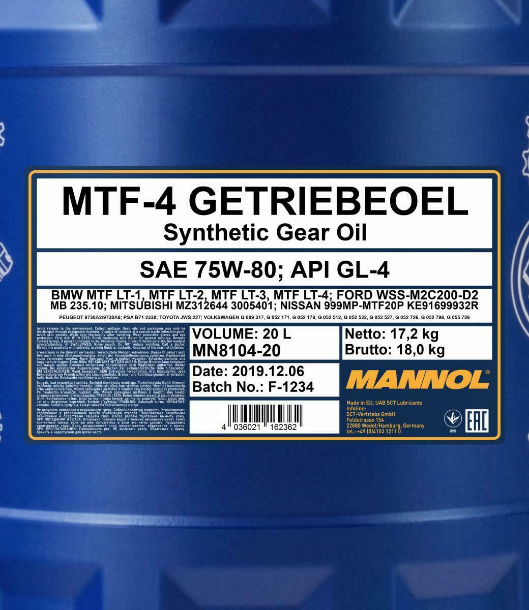 80 Liter (4x20) MANNOL 8104 MTF-4 Getriebeöl GL4 75W-80