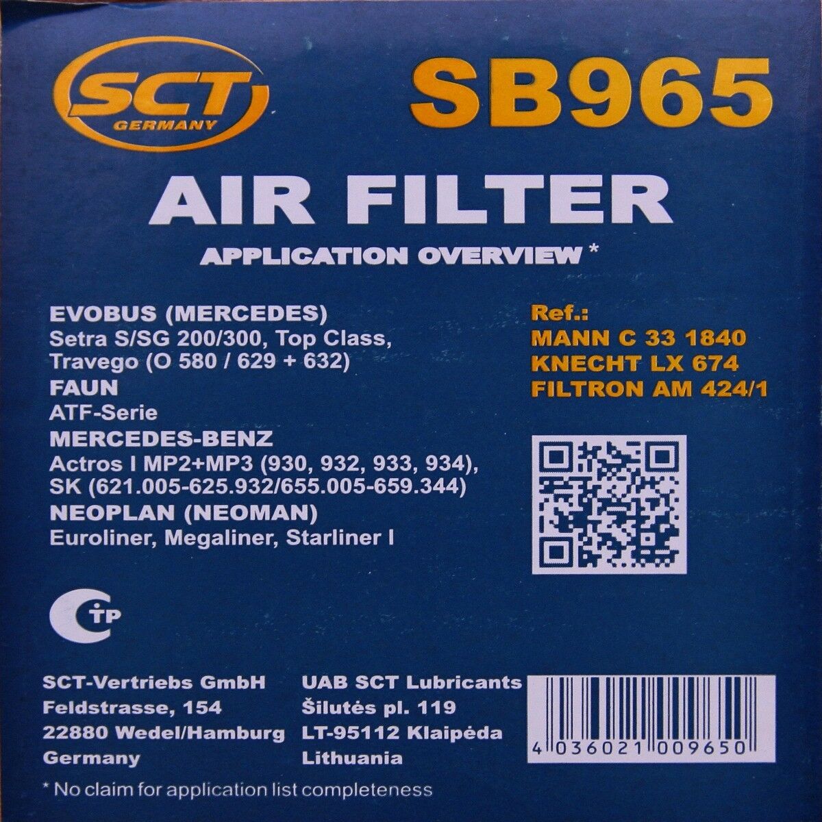 Luftfilter Fahrzeugfilter SB965 Motorluftfilter Luft Filter passend für Mercedes SCT