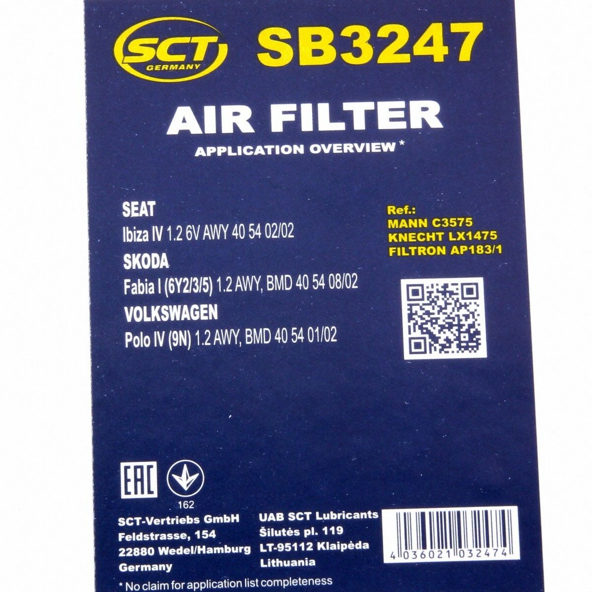 Luftfilter Fahrzeugfilter SB3247 Motorluftfilter Luft Filter passend für VW Seat SCT