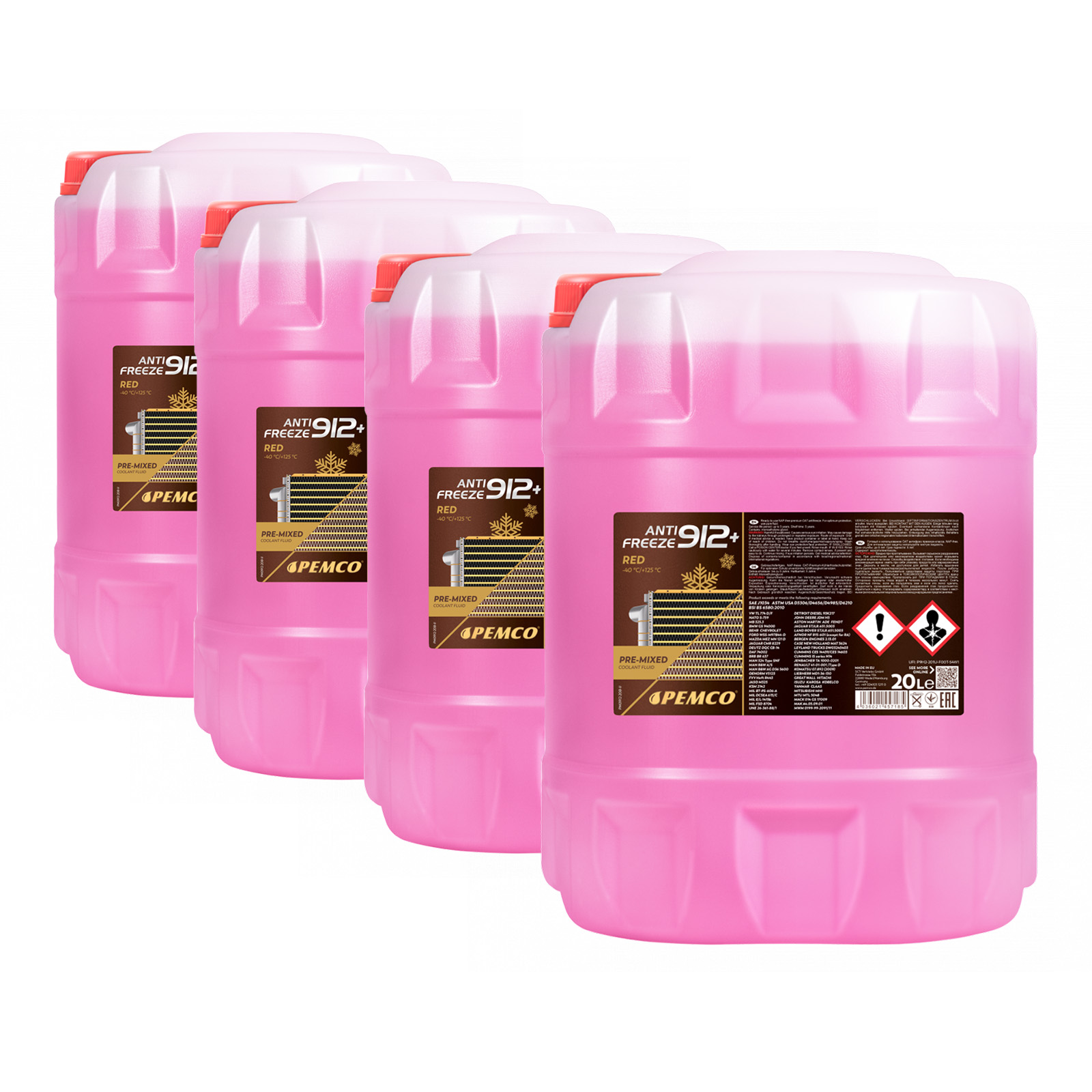 80 Liter (4x20) PEMCO Antifreeze 912+ Kühlerfrostschutz bis -40C rot PM0912
