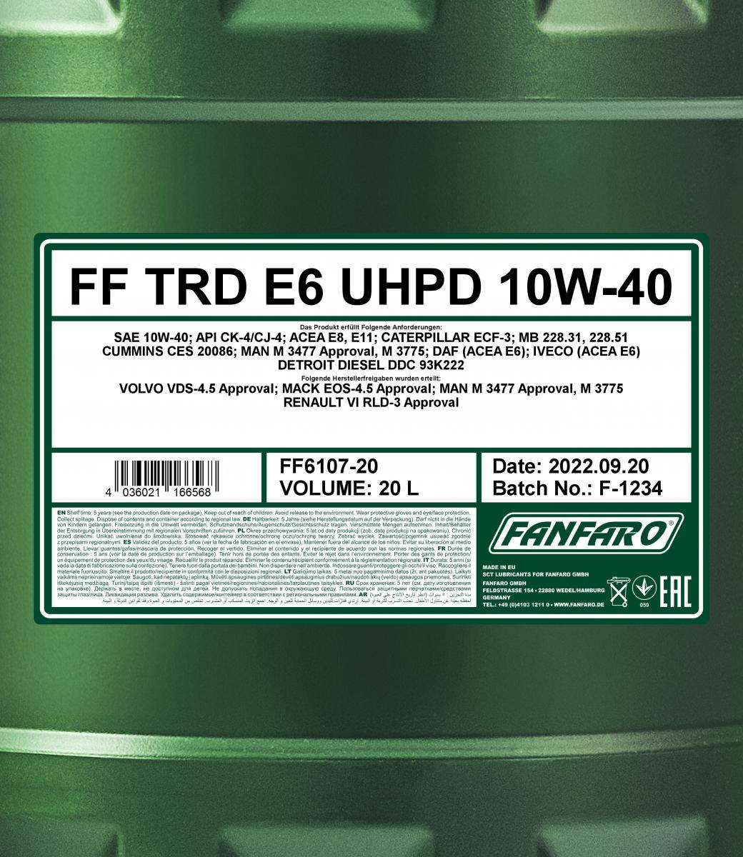 20L (1x20) FANFARO TRD E6 UHPD 10W-40 API CJ-4 NKW Motoröl E7 E9 MB 228.51