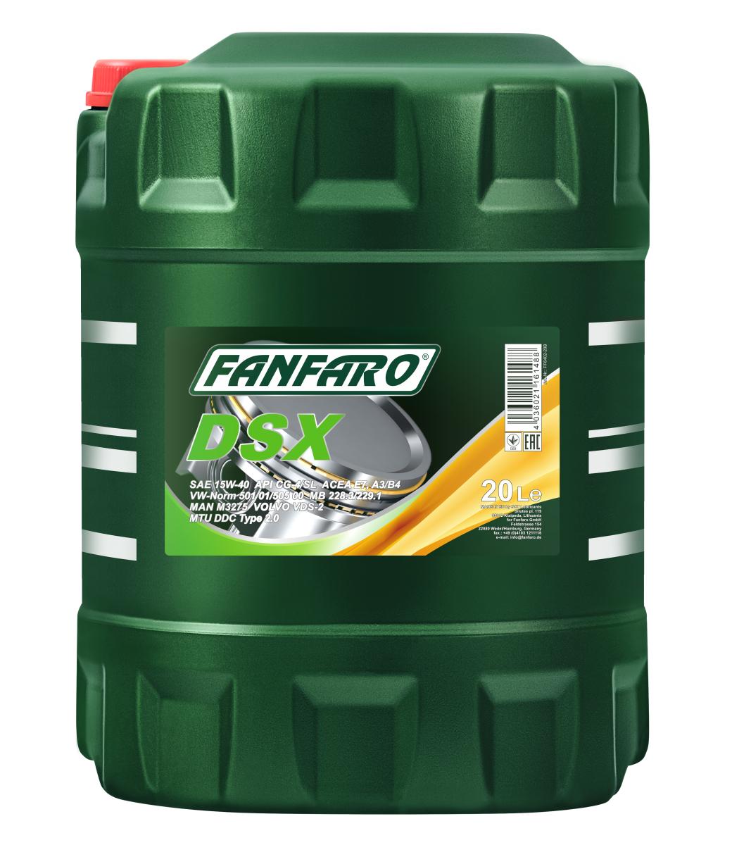 20 Liter FANFARO DSX 15W-40 CH-4/SL Motoröl E3 B3 A3 VW 505.00 501.00 MB 229.1