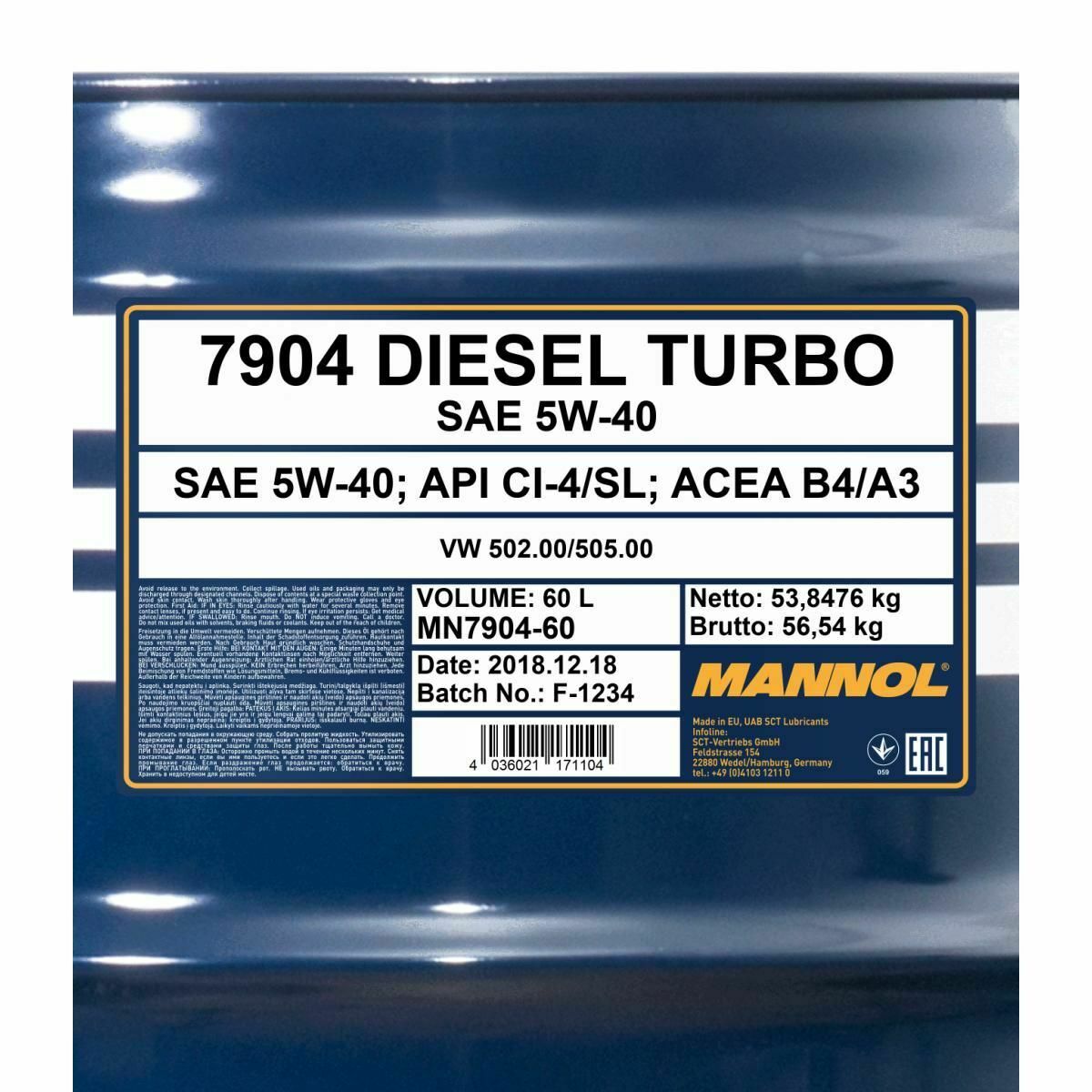 60 Liter MANNOL Diesel Turbo 5W-40 API CI-4/SN Motoröl 5W40 4036021101101