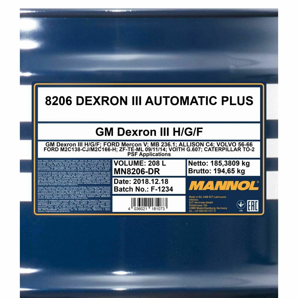 208 Liter MANNOL Dexron III Automatic Plus Getriebeöl Automatikgetriebe