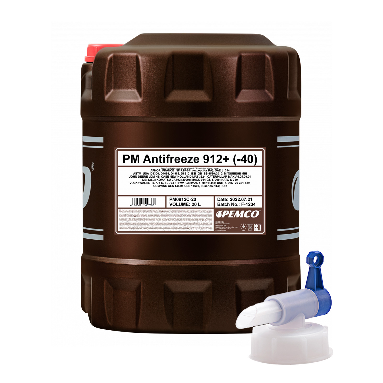 20 Liter PEMCO ANTIFREEZE 912+ Kühlerfrostschutz Konzentrat rot +Auslaufhahn