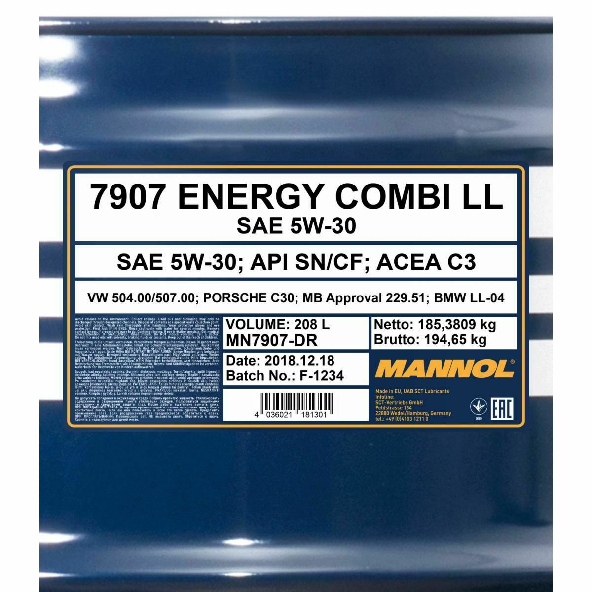 208 Liter MANNOL Energy Combi LL 5W-30 API SN Motoröl 5W30 4036021401300