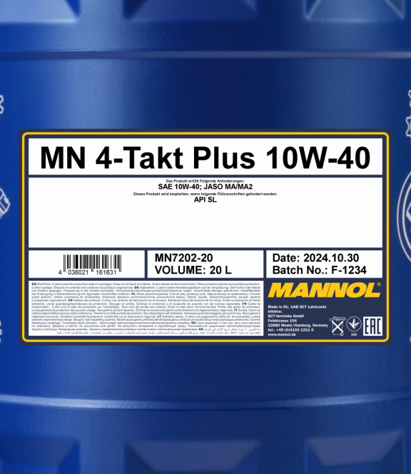 20 Liter MANNOL 4-Takt Plus 10W-40 7202 API SL JASO MA/MA2 Motoröl Motorradöl