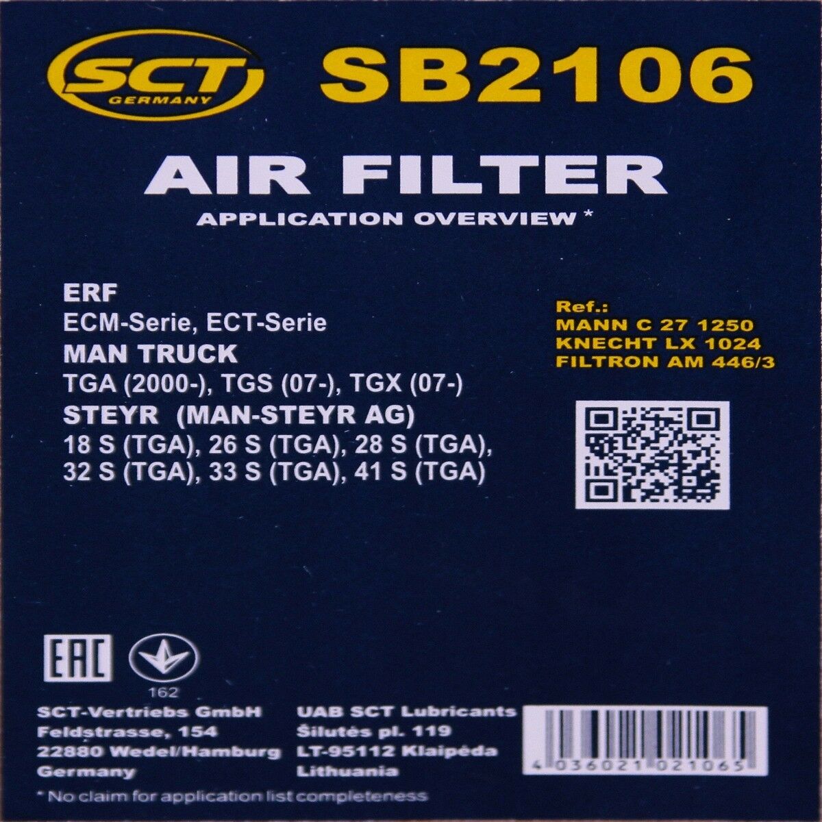 Luftfilter Fahrzeugfilter SB2106 Motorluftfilter SCT ERF MAN STEYR 