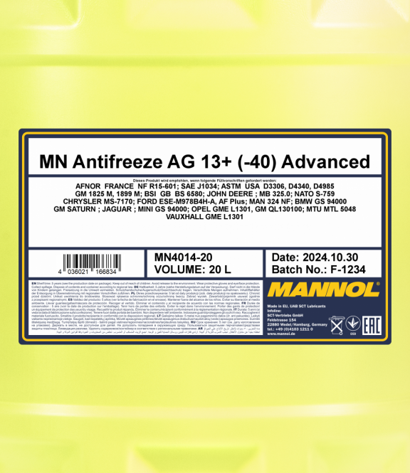 20 Liter MANNOL AG13+ Kühlflüssigkeit Antifreeze Fertiggemisch -40°C gelb G13+