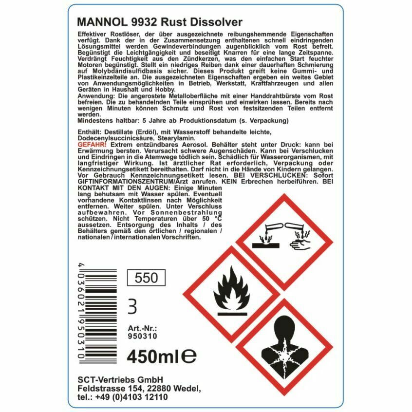 450ml MANNOL 9932 Rust Dissolver Rostlöser Rostentferner