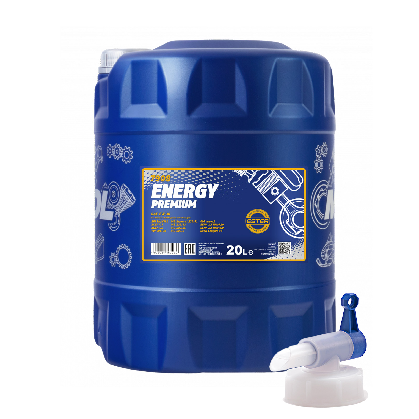 20 Liter MANNOL Energy Premium 7908 5W-30 Motoröl API SP + Ablasshahn