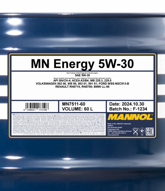 60 Liter MANNOL Energy 5W-30 7511 API SN/CH-4 MB 229.3 VW 502.00 A3/B4 Motoröl