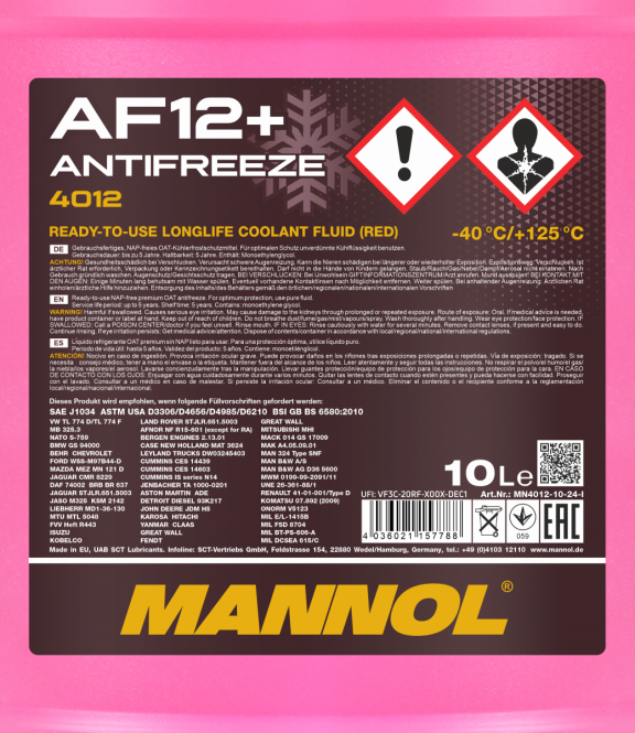 40 Liter (4x10) MANNOL Antifreeze AF12+ Frostschutz Fertiggemisch rot -40°C G12+