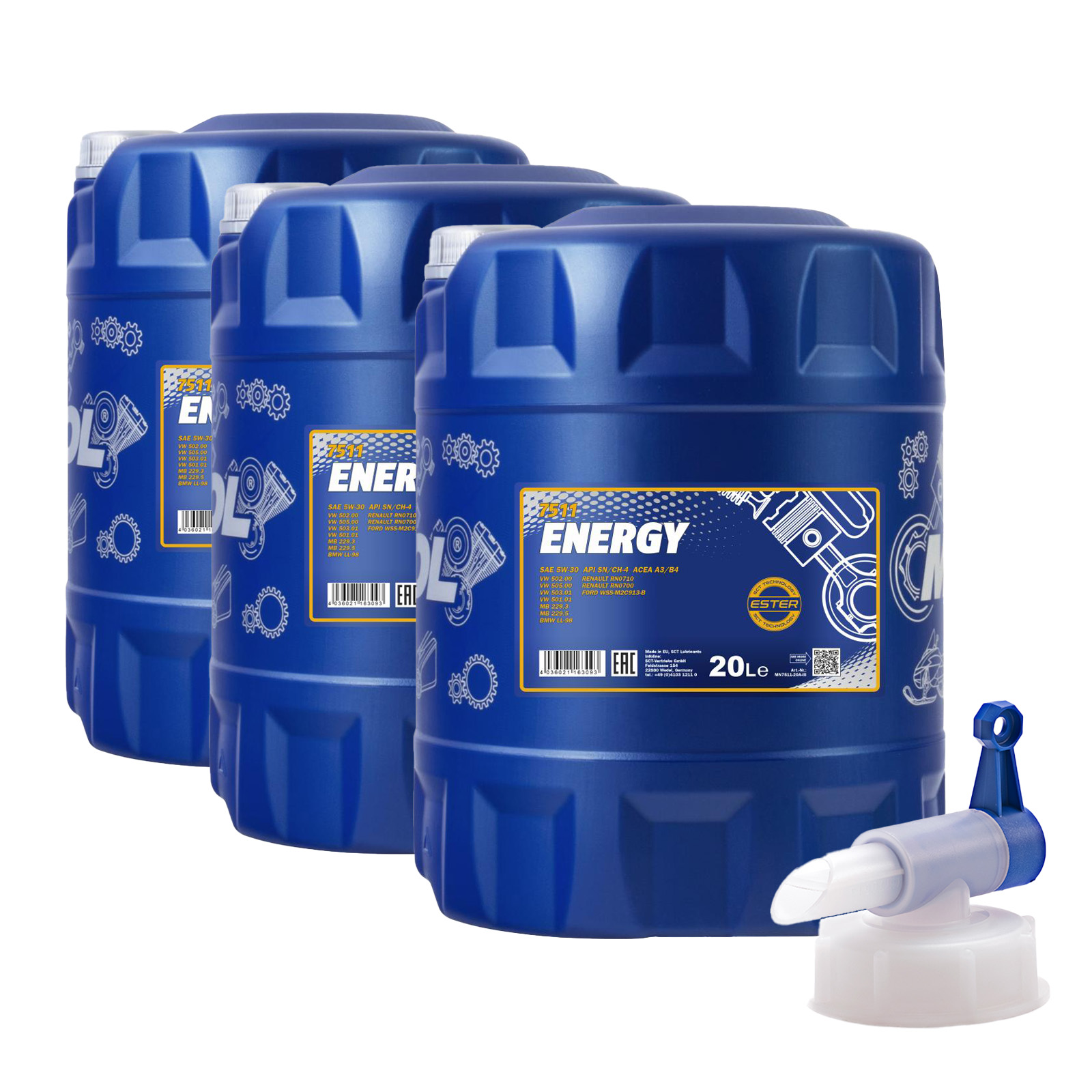 60 Liter (3x20) MANNOL Energy 5W-30 7511 API SN/CH-4 A3/B4 Motoröl + Ablasshahn