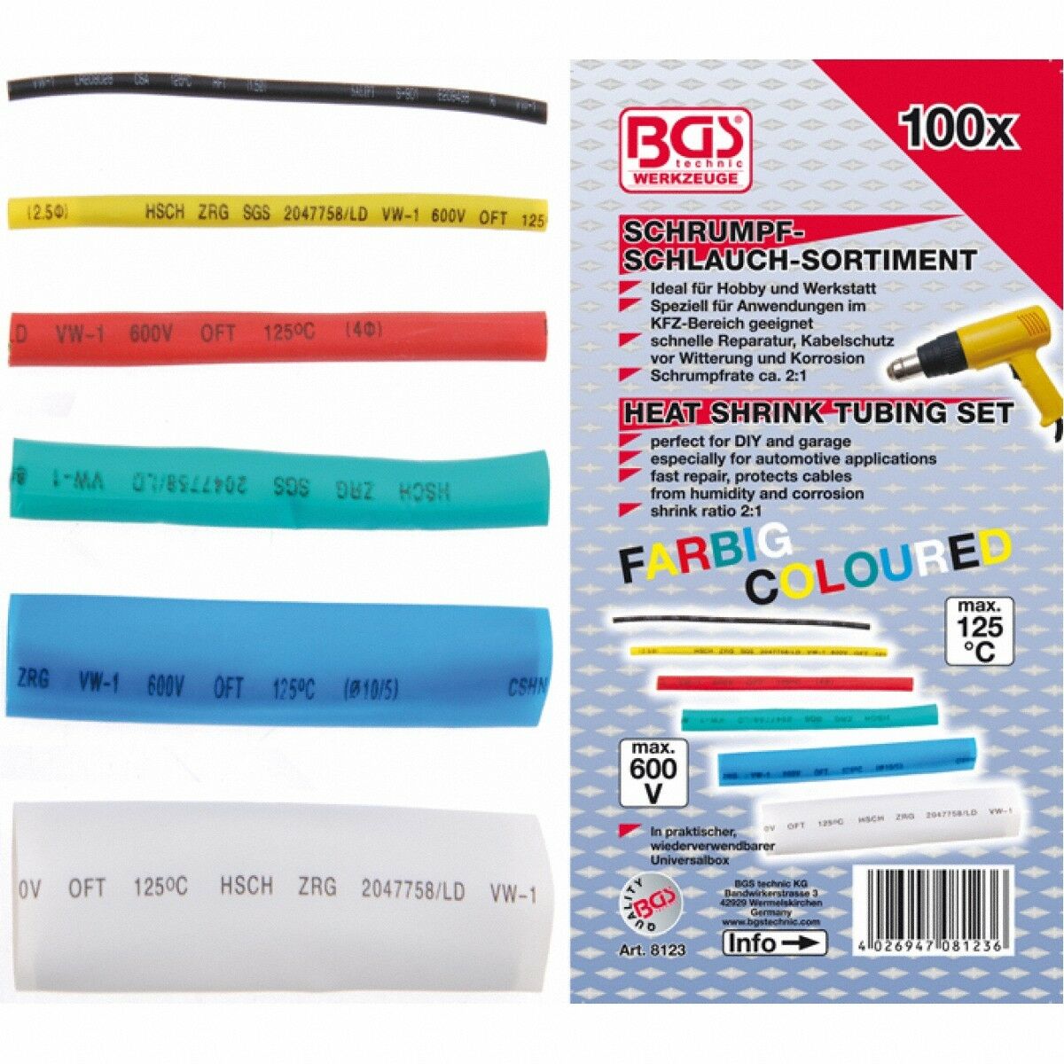 Schrumpf-Schlauch-Sortiment, farbig, 100-tlg. BGS technic Germany
