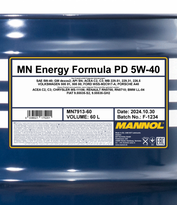 60 Liter MANNOL Energy Formula PD 5W-40 7913 API SN Motoröl 5W40