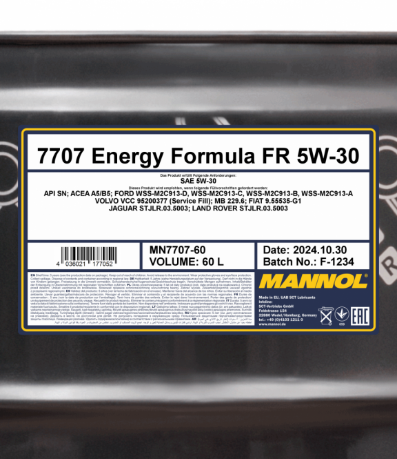 60 Liter MANNOL Energy Formula FR 7707 5W-30 API SN ACEA A5/B5 MB 229.6 Motoröl