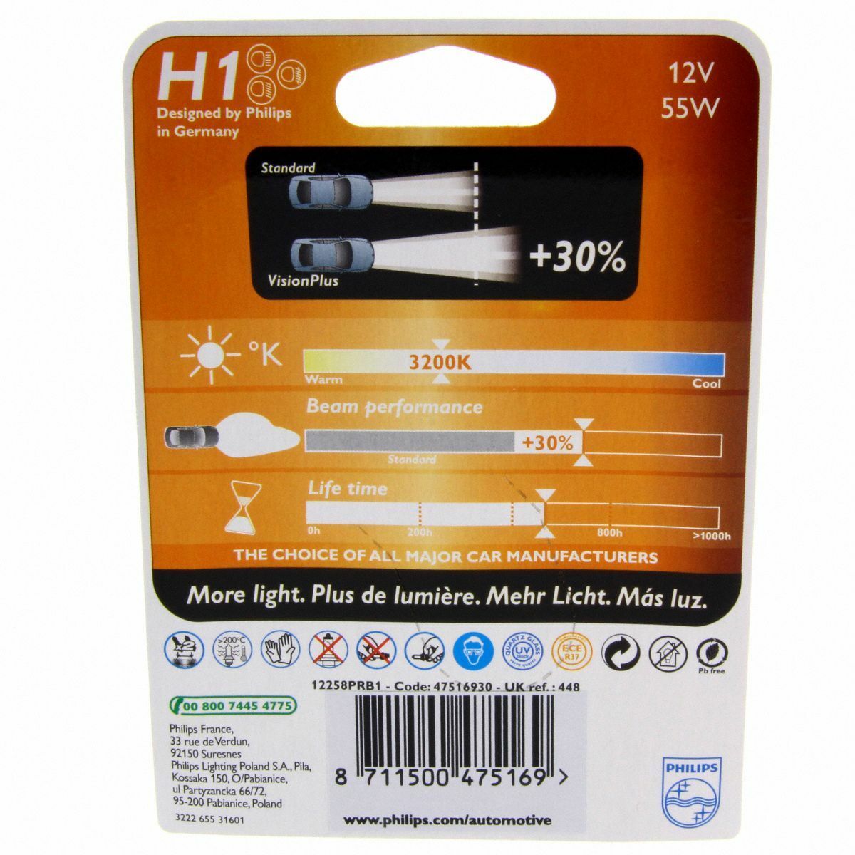 H1 Philips Vision Halogenlampe bis zu 30% mehr Licht 12258PR Blister 1 Stück