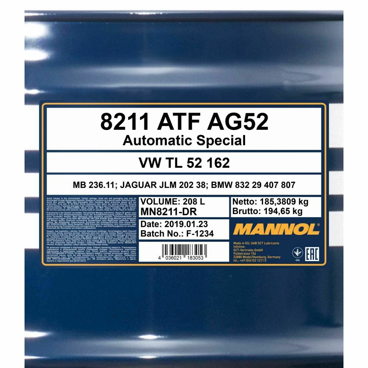 208 Liter MANNOL ATF AG52 Automatic Special Getriebeöl Automatikgetriebe
