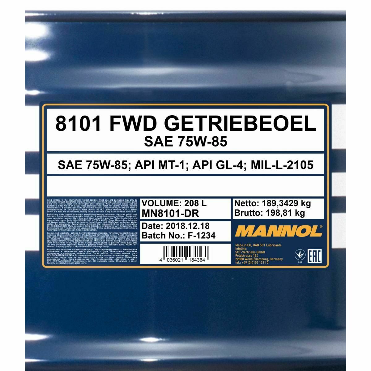 208 Liter MANNOL FWD Getriebeöl 75W-85 API GL 4 75W85 Getriebe Öl