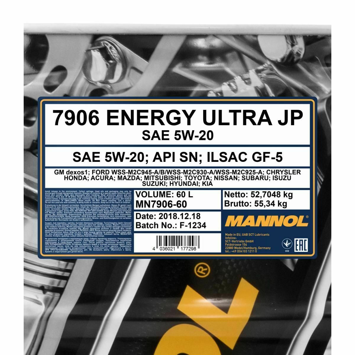 60 Liter MANNOL Energy Ultra JP 5W-20 API SN Motoröl 5W20 SP