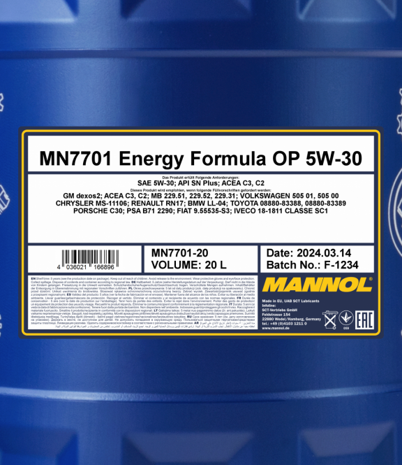20 Liter MANNOL Energy Formula OP 7701 5W-30 API SP Motoröl 20 Liter MANNOL Energy Formula OP 7701 5W-30 API SP Motoröl