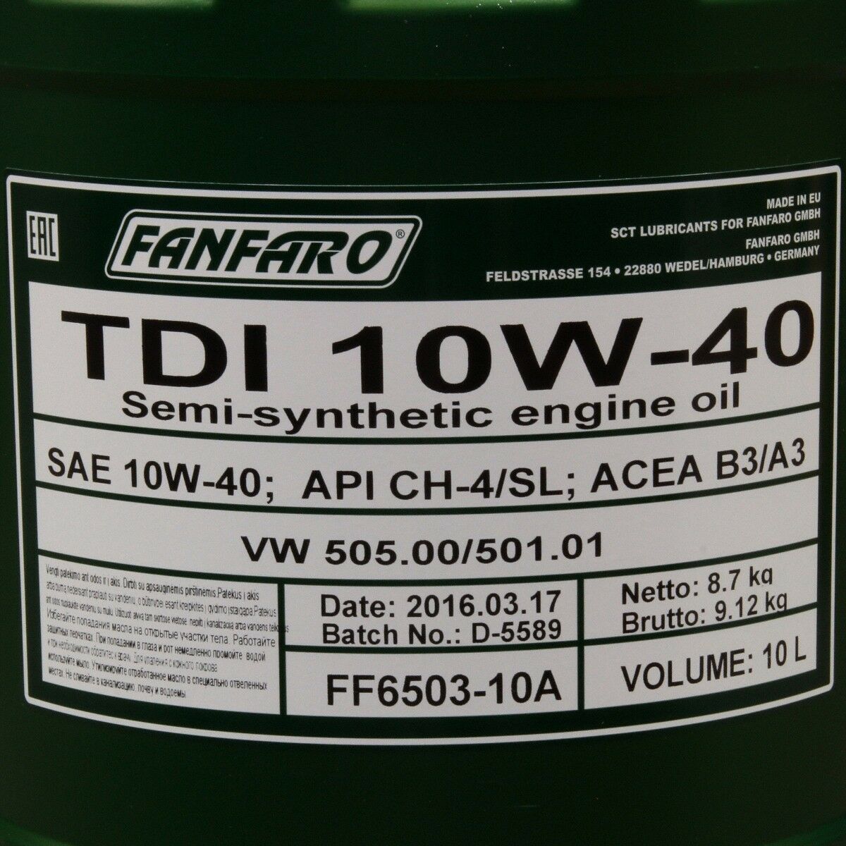 20 Liter FANFARO 6503 TDI 10W-40 Motoröl ACEA A3/B3 VAG 505.00 