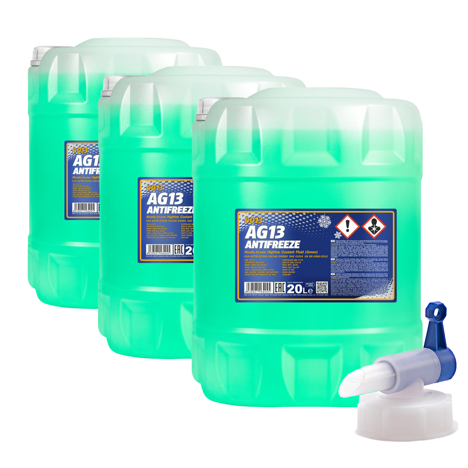 60L (3x20) MANNOL AG13 Frostschutz Fertiggemisch grün -40°C G13 + Ablasshahn