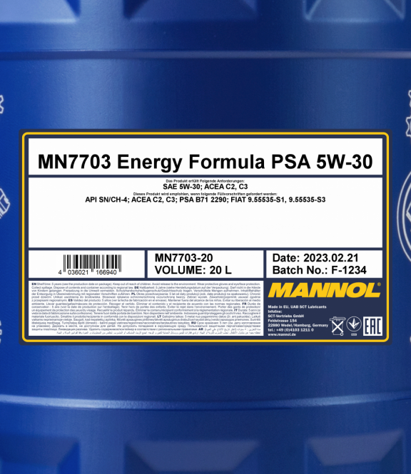 20 Liter MANNOL Energy Formula PSA MN7703 Motoröl 5W-30 API SN/CH-4