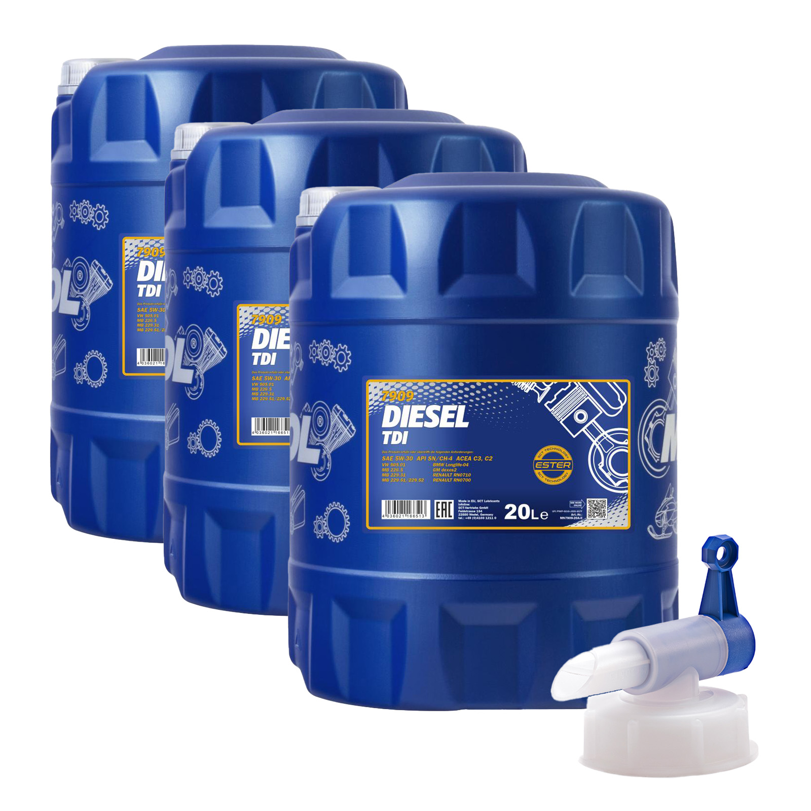 60 Liter MANNOL Diesel TDI 5W-30 5W30 API SN CH-4 Motoröl ÖL +  Ablasshahn