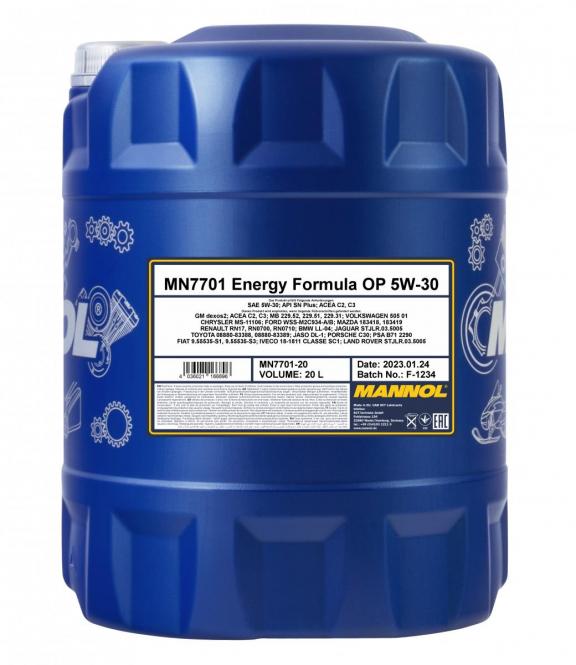 20 Liter MANNOL Energy Formula OP 7701 5W-30 API SN Plus Motoröl + 1x Ablasshahn