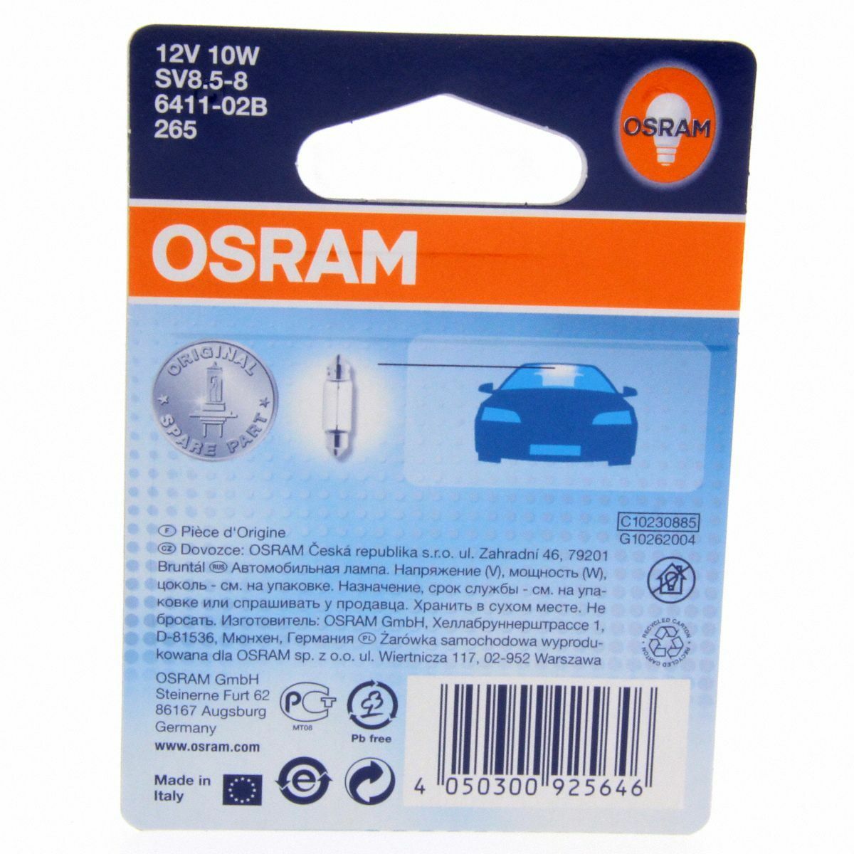 C10W OSRAM Original Line Autolampe Leuchte 6411-02B DUO Box 2 Stück