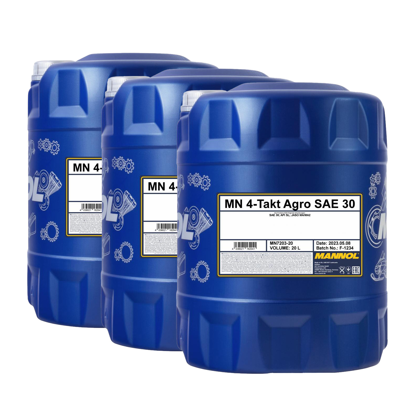 60 Liter (3x20) MANNOL 4-Takt Agro 7203 SAE 30 API SL Motoröl für Gartengeräte 
